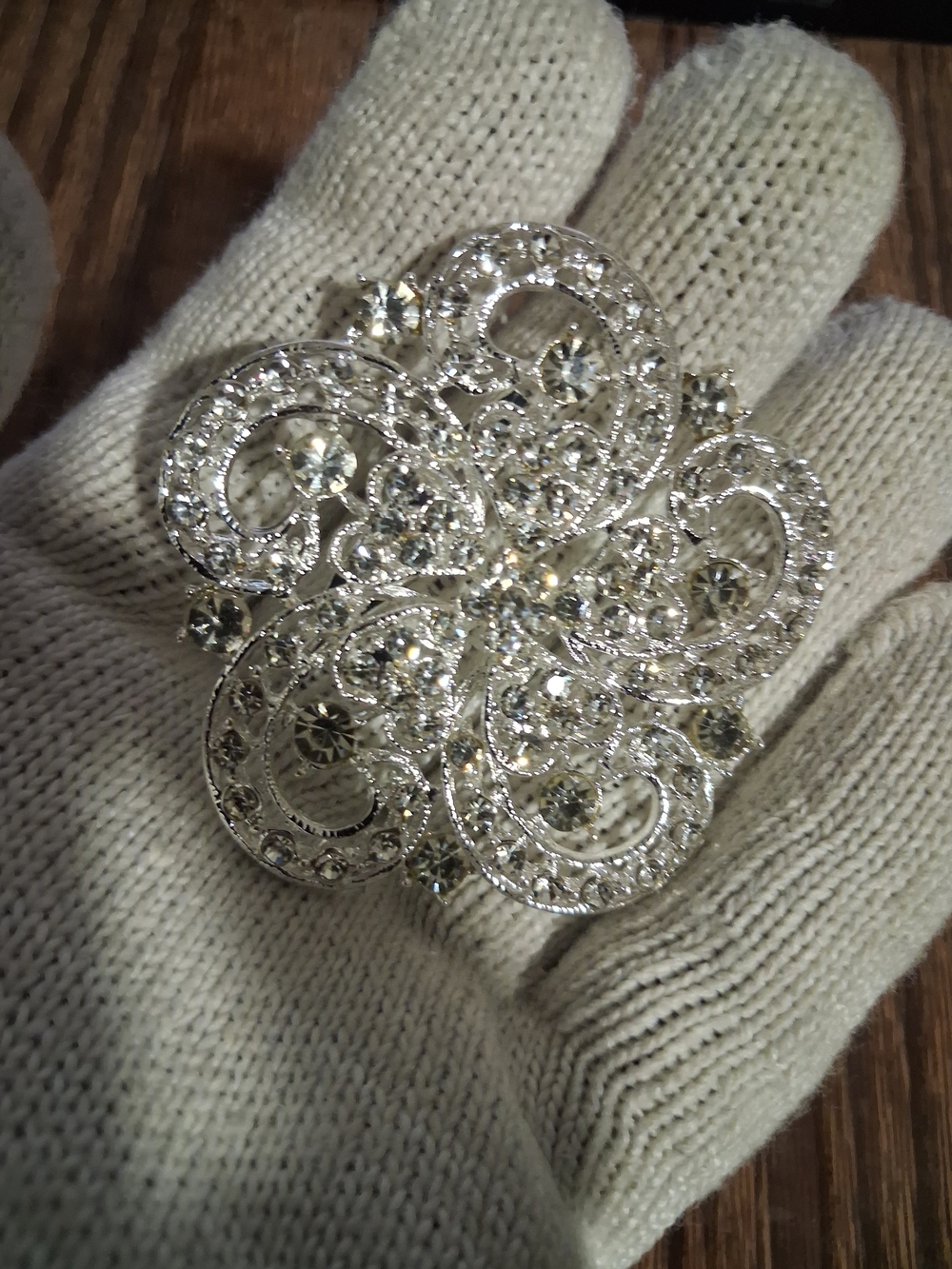 Crystal-Embellished Silver Floral Brooch - Women Jewelry